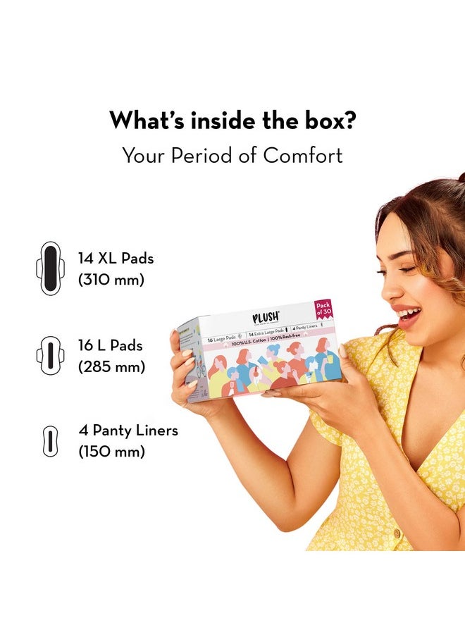 Ultra-Thin Sanitary Pads For Women, 30 Cotton Sanitary Napkins- Pack Of 2 | 14 Medium Flow Xl + 16 Light Flow L + 4 Panty Liners For Rash Free Periods | Pure U.S. Cotton Pads With Disposable Pouch