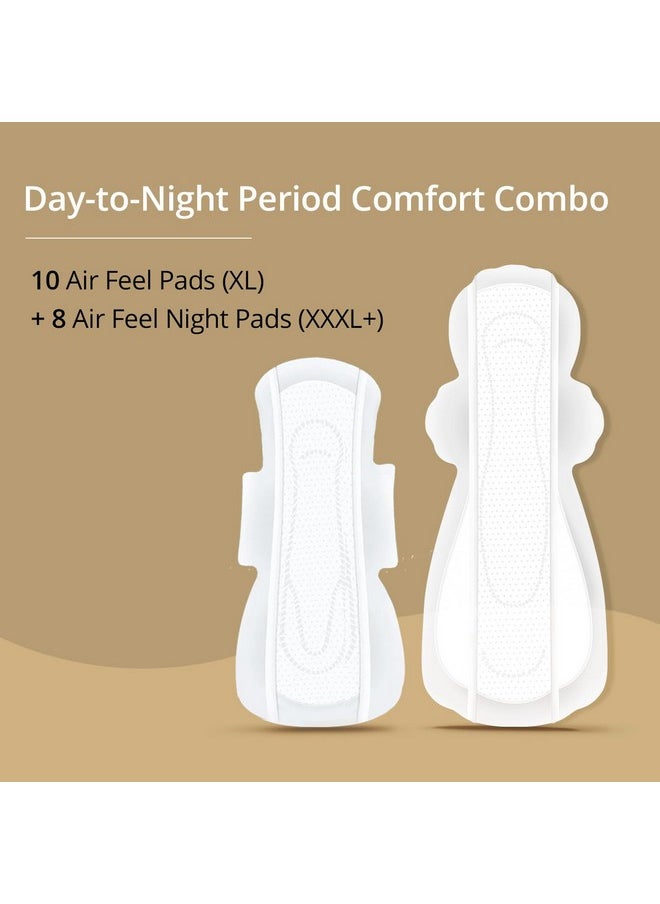 Day-To-Night Protection Combo | 10 Xl Air Feel Pads And 8 Xxxl+ Air Feel Night Pads | Airy, Dry, Sweat-Free & Rash-Free | Extra-Long | Wide Back | Soft & Ultra-Thin | Super-Absorbent Core