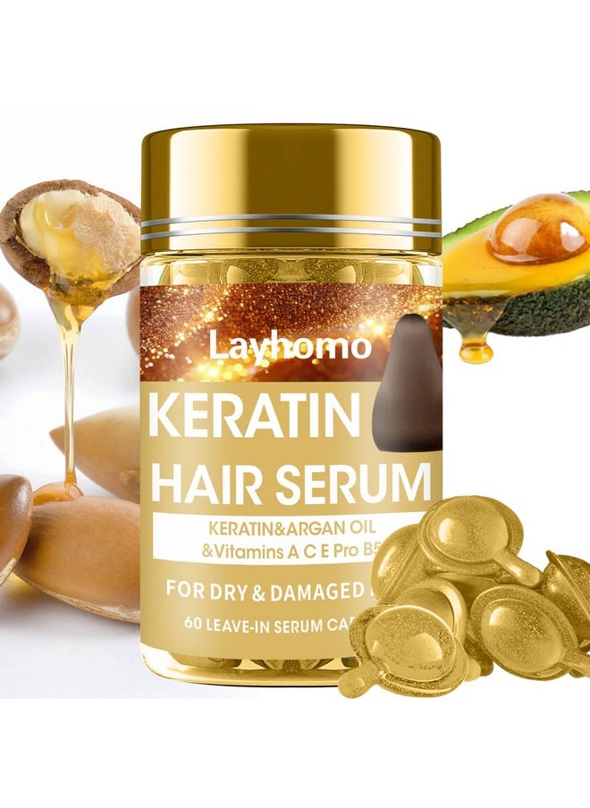 Keratin Hair Treatment Serum,60 Capsules Hair Treatment Oil For Dry Damaged Hair,Hair Oil With Keratin,Argan Oil-Leave-In Anti Frizz Conditioner With Vitamins A, C, E & B5- No Rinse For All Hair Types