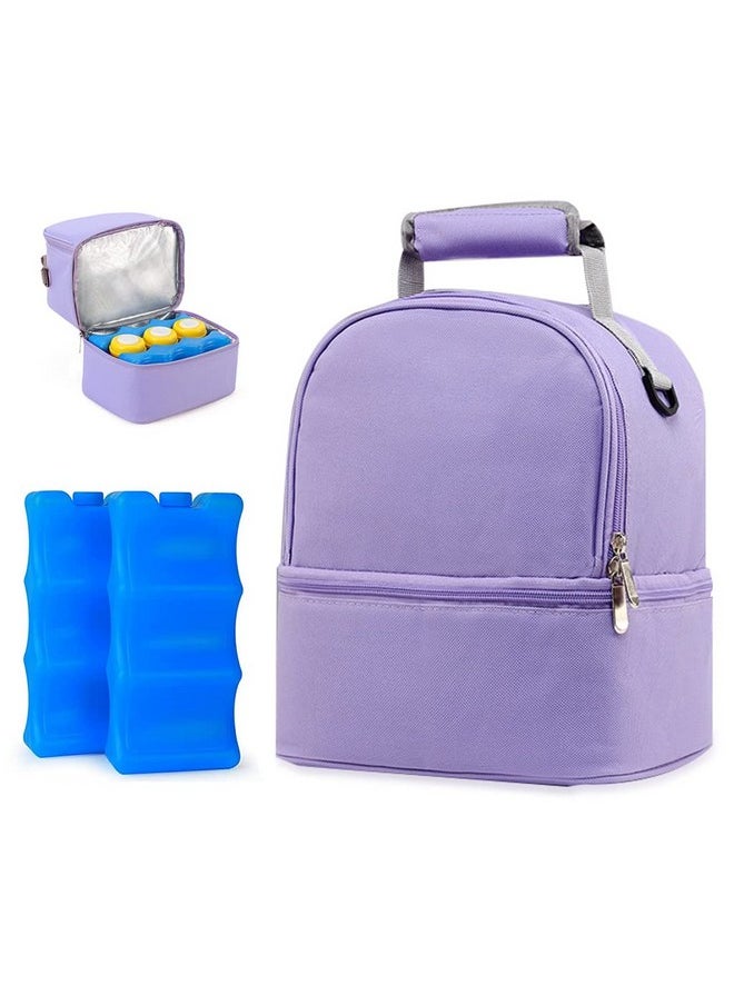 ® Breastmilk Storage Bag With Ice Pack, Double Layer Breastmilk Warmer Insulated Bag With Strap, Fits 6 Ounces Bottles, Waterproof Breast Mommy Diaper Backpack Bento Box Backpack, Purple