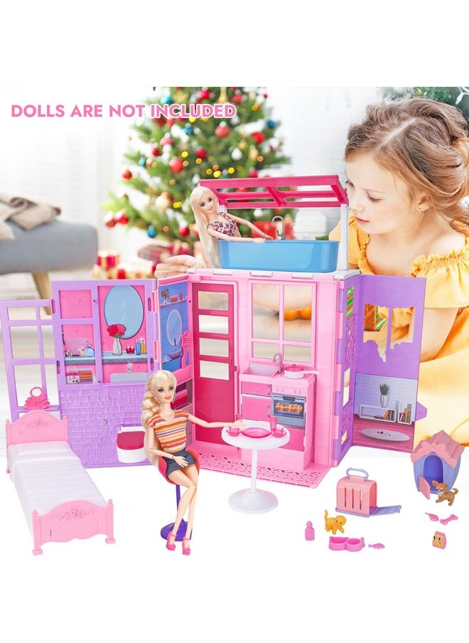 Dream Doll House, Foldable Dollhouse For 11.5 Inch Doll, Kids Portable Play House Toy With Furnitures & Accessories Including Bathroom, Bedroom, Kitchen, Pet House