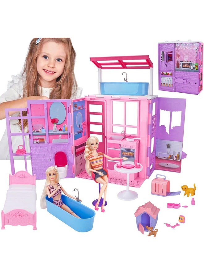 Dream Doll House, Foldable Dollhouse For 11.5 Inch Doll, Kids Portable Play House Toy With Furnitures & Accessories Including Bathroom, Bedroom, Kitchen, Pet House