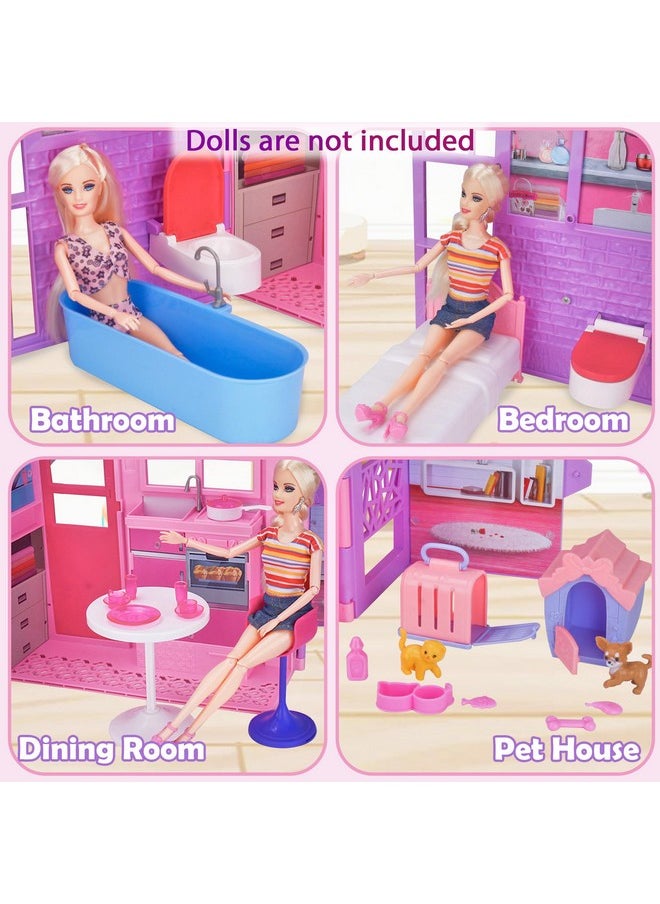 Dream Doll House, Foldable Dollhouse For 11.5 Inch Doll, Kids Portable Play House Toy With Furnitures & Accessories Including Bathroom, Bedroom, Kitchen, Pet House