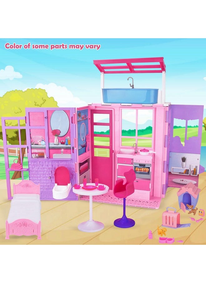 Dream Doll House, Foldable Dollhouse For 11.5 Inch Doll, Kids Portable Play House Toy With Furnitures & Accessories Including Bathroom, Bedroom, Kitchen, Pet House