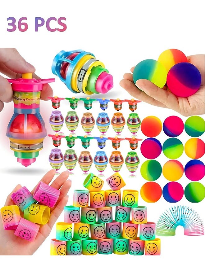 36-Piece Party Favors For Kids,12 Bouncy Balls,12 Smiley Face Rainbow Spring, 12 Flashing Gyro Spinner, Party Supplies Spinning Tops, Multi Colors for Kids Birthday Party Favors Carnival Prizes