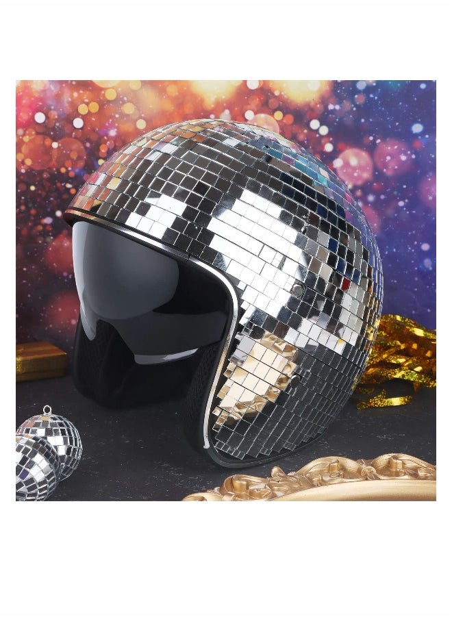 Disco Ball Helmet with Retractable Visor Silver Glitter Mirror Glass Disco Ball Hat Helmet for Women Men DJ Club Stage Bar Party Wedding