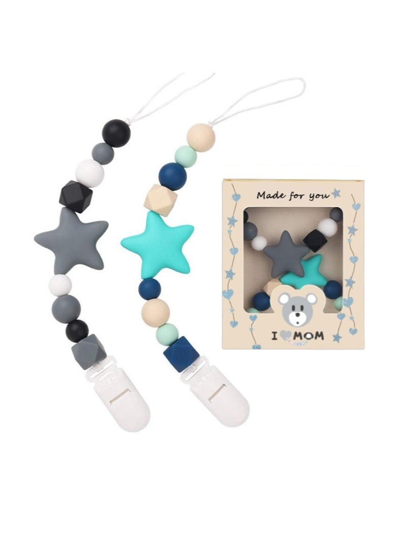 2 Pcs Cute Pacifier Clip Set Star Silicone Pacifier Holder Leash Universal Neutral Pacifier Clips for Newborn Boy and Girl