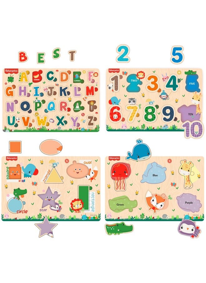 Fisher Price Wooden Educational Colorful Alphabets, Counting Numbers, Shapes And Colours Puzzle For Preschool Kids (12X8 Inches) - Set Of 4