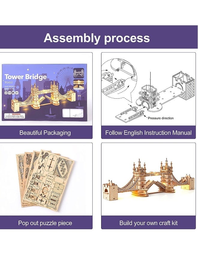 3D Puzzles for Adults Wooden Tower Bridge Craft Kit with LED for Teens