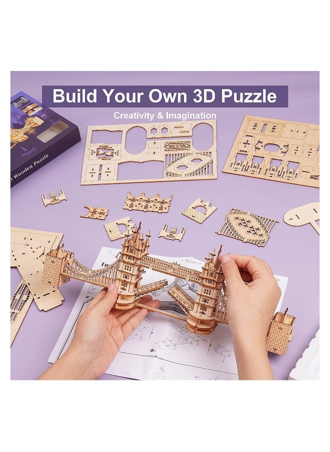 3D Puzzles for Adults Wooden Tower Bridge Craft Kit with LED for Teens