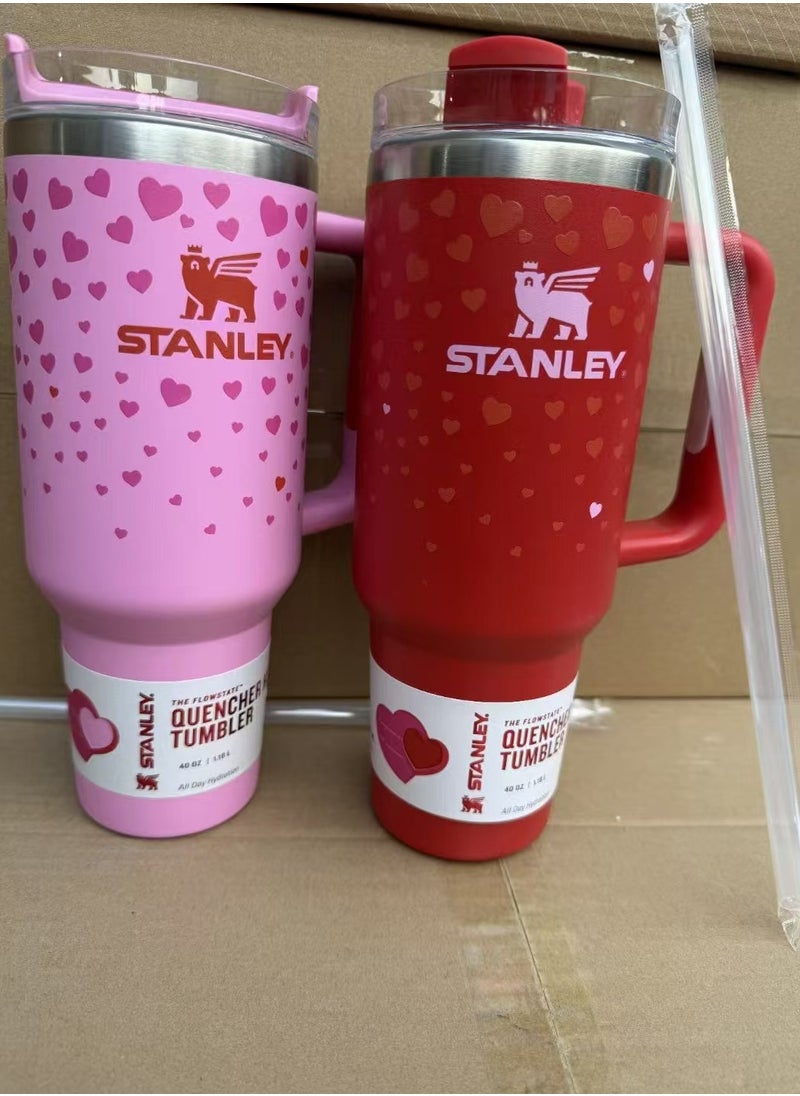 2 Pcs Stanley Stainless Steel Tumbler - Vacuum Insulated Water Bottle for Home, Office or Car Reusable Cup with Straw Leak Resistant Flip Cold for 12 Hours or Iced for 2 Days, 40oz，Couple water cup, Valentine's Day gift