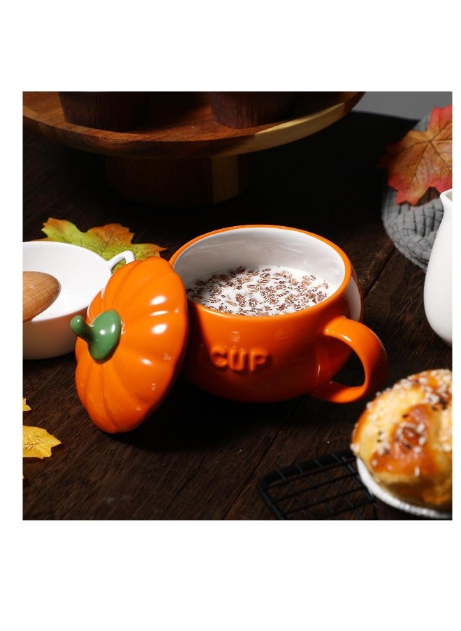 Pumpkin Ceramics Mug, Pumpkin Shape Ceramic Cup, Creative Pumpkin Cup, Coffee Tea Cup, Milk Soup Mug, with Lid Spoon for Spices (Orange)