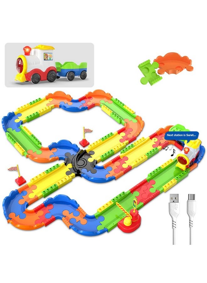 Block Rider Toy Train Set With Colorful & Multiple Track Layout, Usb Rechargeable Type-C Engine, Various Sound Modes - Vande Bharat, Rajdhani, Delhi Metro, Kids 2-8 Years (Medium - 82 Pcs)