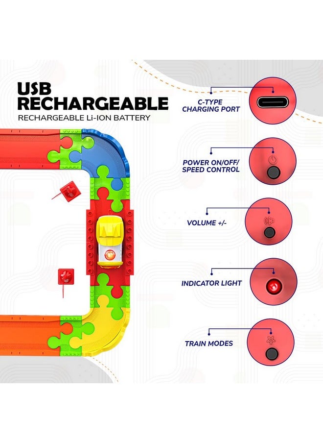 Block Rider Toy Train Set With Colorful & Multiple Track Layout, Usb Rechargeable Type-C Engine, Various Sound Modes - Vande Bharat, Rajdhani, Delhi Metro, Kids 2-8 Years (Basic - 47 Pcs)