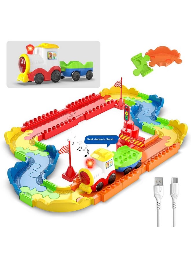 Block Rider Toy Train Set With Colorful & Multiple Track Layout, Usb Rechargeable Type-C Engine, Various Sound Modes - Vande Bharat, Rajdhani, Delhi Metro, Kids 2-8 Years (Basic - 47 Pcs)