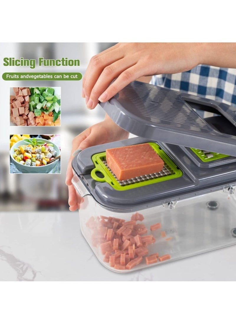 Vegetable Slicer Onion Chopper, 22 in 1 Vegetable and Fruit Slicer with 14 Stainless Steel Blades, Adjustable Vegetable Cutter with Drain Rack Storage Container, Food Chopper Kitchen Gadget