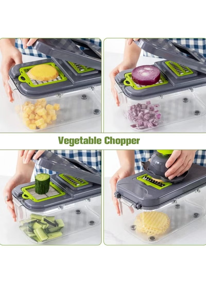 Vegetable Slicer Onion Chopper, 22 in 1 Vegetable and Fruit Slicer with 14 Stainless Steel Blades, Adjustable Vegetable Cutter with Drain Rack Storage Container, Food Chopper Kitchen Gadget