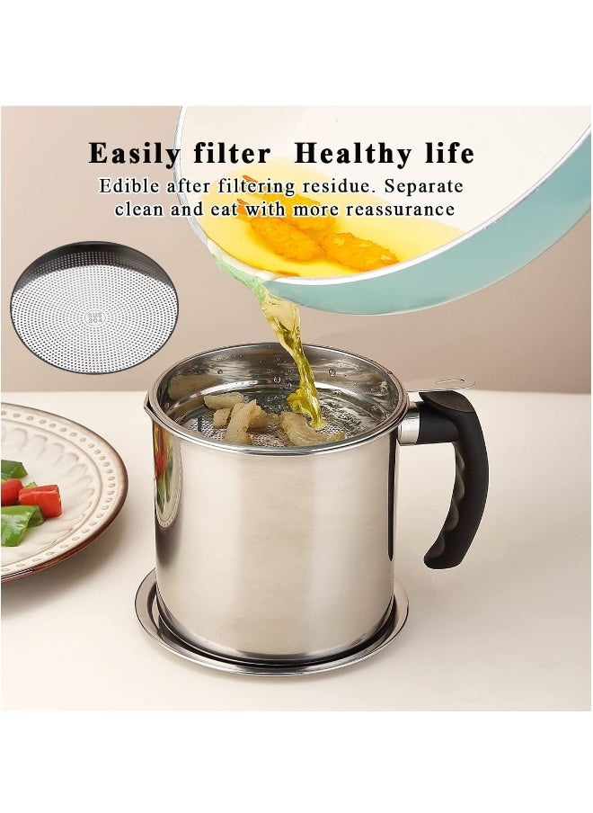 Grease Container with Strainer, 1.4L Stainless Steel Oil Container for Storing Used Cooking Oil with Lid & Handle Suitable for Home Use (Silver)