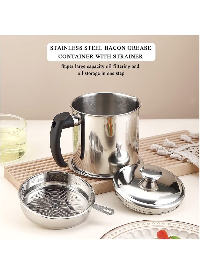 Grease Container with Strainer, 1.4L Stainless Steel Oil Container for Storing Used Cooking Oil with Lid & Handle Suitable for Home Use (Silver)