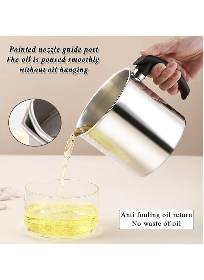 Grease Container with Strainer, 1.4L Stainless Steel Oil Container for Storing Used Cooking Oil with Lid & Handle Suitable for Home Use (Silver)