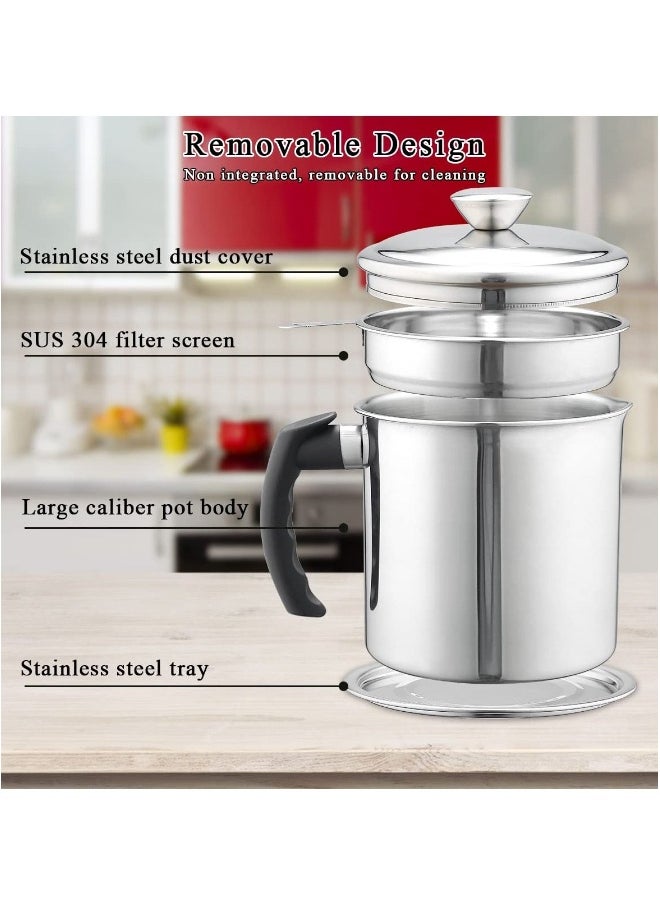 Grease Container with Strainer, 1.4L Stainless Steel Oil Container for Storing Used Cooking Oil with Lid & Handle Suitable for Home Use (Silver)