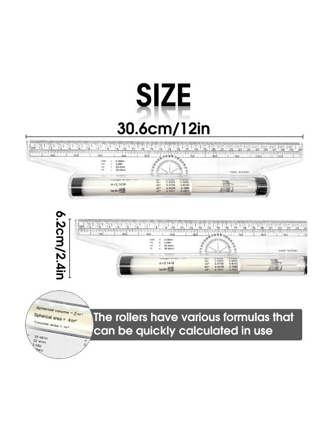 12 Inch Measuring Rolling Ruler Plastic Multifunctional Drawing Parallel Rolling Ruler Circle Arc Drawing Design Rulers for Drawing Parallel Lines Circles