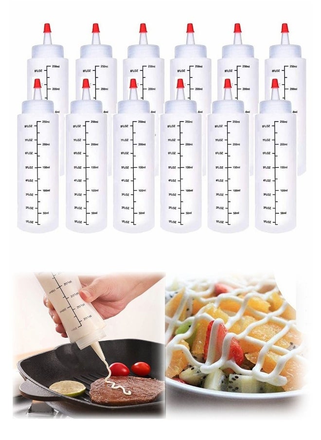 12 Pack Condiment Squeeze Bottles With Red Tip Cap Tie 240ML Dye Empty Paint Squeeze Bottle For Ketchup BBQ Sauces Syrup Dressings Arts