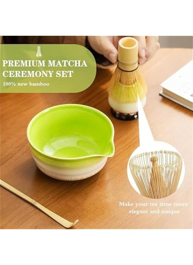 Matcha Tea Set, 4 Pcs Set Matcha Tool, Matcha Whisk and Bowl Ceremony Accessory Kit, Matcha Bowl, Matcha Bamboo, Whisk Scoop Sifter, Matcha Whisk Holder(Kiln Green)