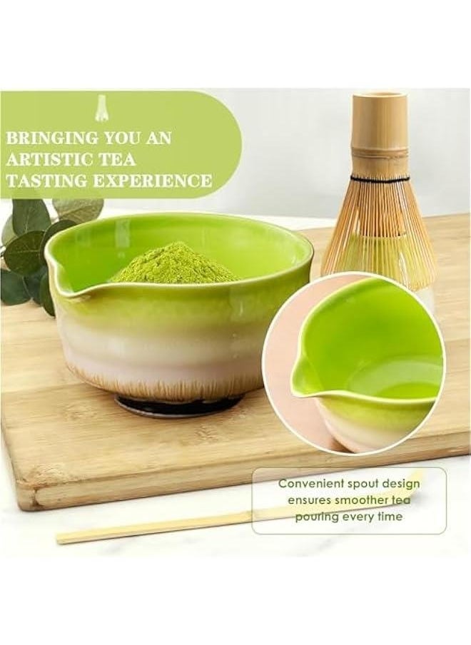 Matcha Tea Set, 4 Pcs Set Matcha Tool, Matcha Whisk and Bowl Ceremony Accessory Kit, Matcha Bowl, Matcha Bamboo, Whisk Scoop Sifter, Matcha Whisk Holder(Kiln Green)