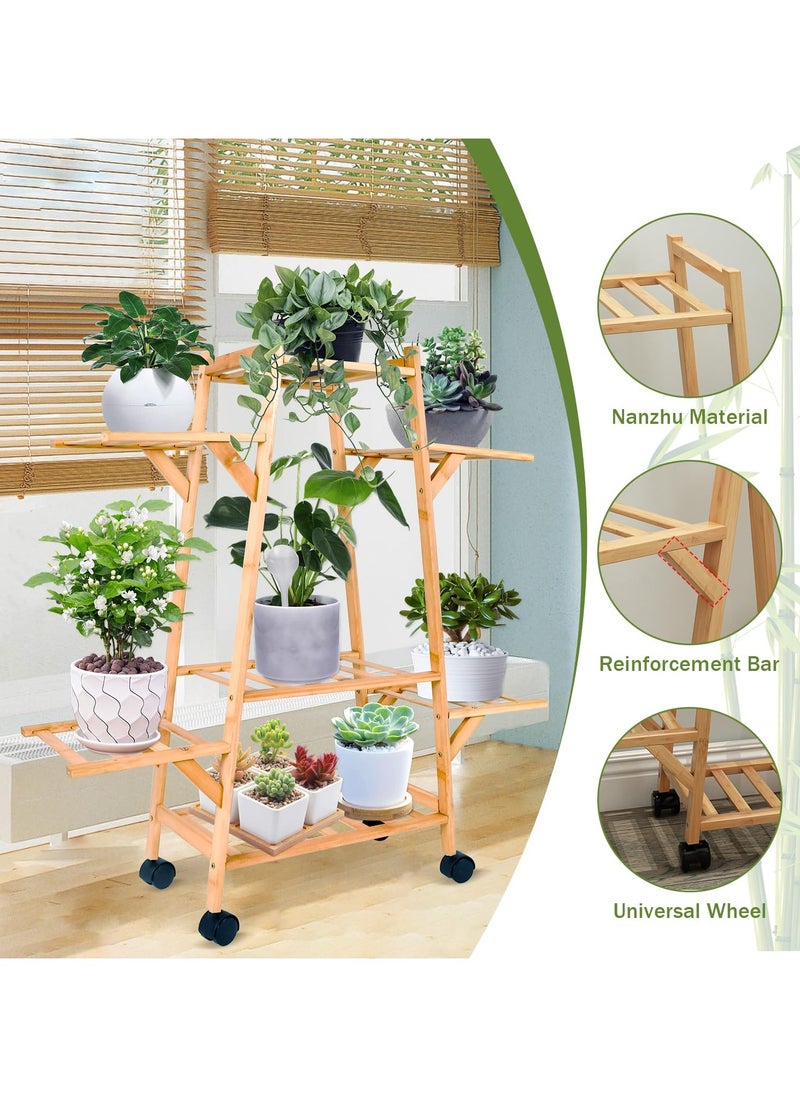 Bamboo Triangle Plant Stand with Wheels,Indoor and Outdoor Rolling Plant Shelf,Corner Plant Holder for Flower Pot Display Rack for Living Room, Balcony, Patio, Garden