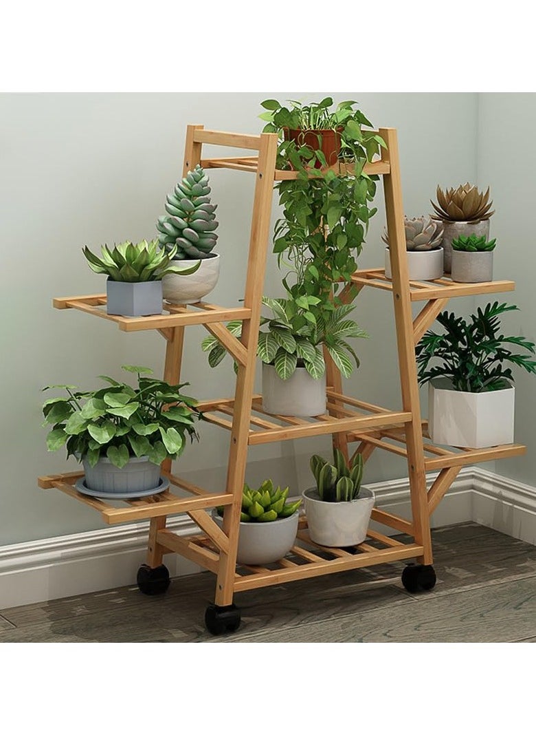 Bamboo Triangle Plant Stand with Wheels,Indoor and Outdoor Rolling Plant Shelf,Corner Plant Holder for Flower Pot Display Rack for Living Room, Balcony, Patio, Garden