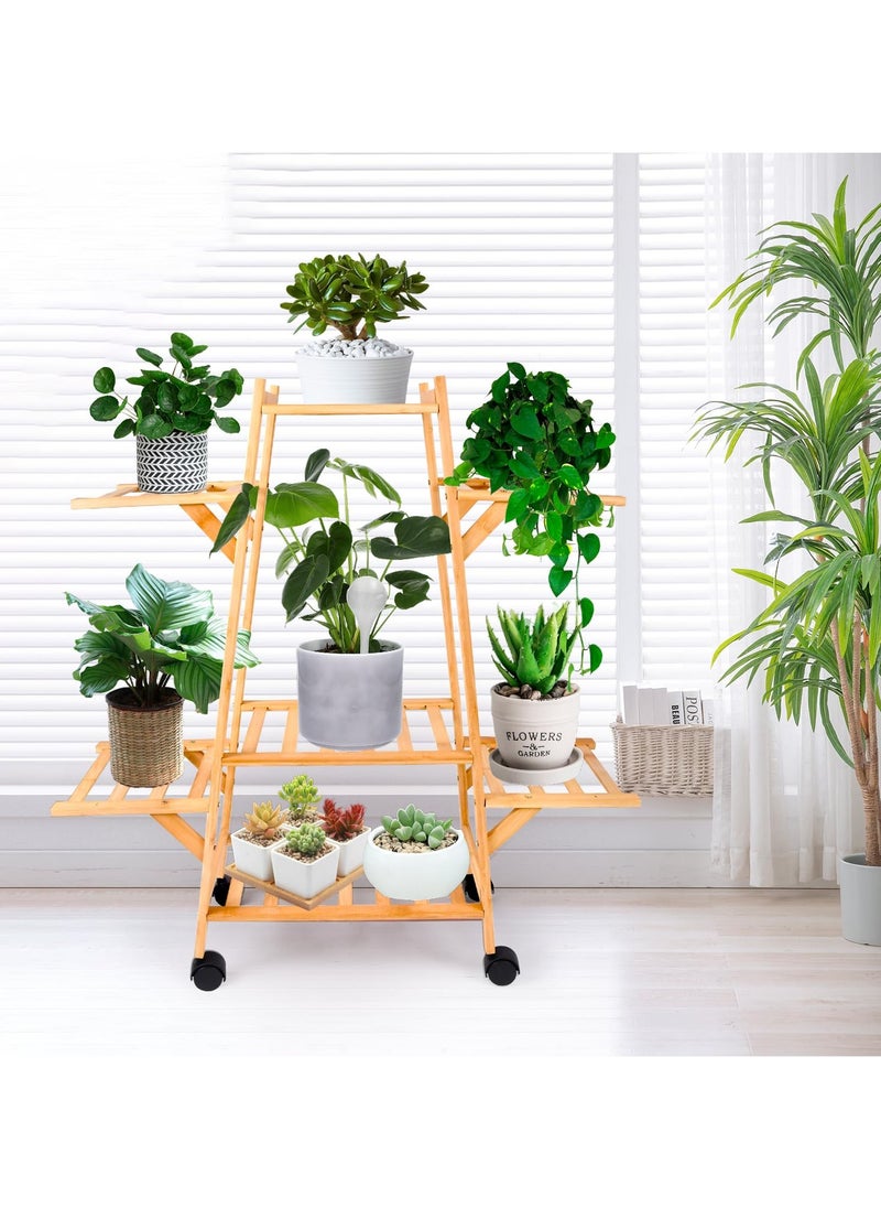 Bamboo Triangle Plant Stand with Wheels,Indoor and Outdoor Rolling Plant Shelf,Corner Plant Holder for Flower Pot Display Rack for Living Room, Balcony, Patio, Garden