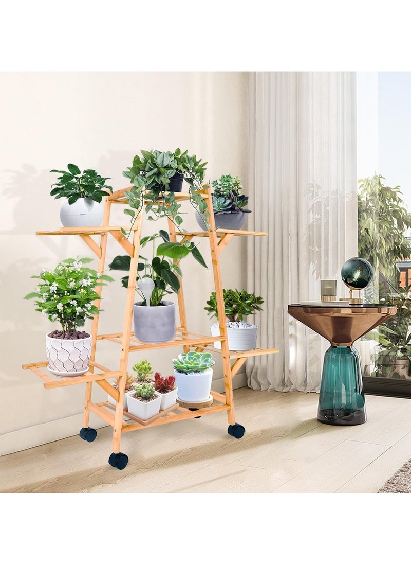 Bamboo Triangle Plant Stand with Wheels,Indoor and Outdoor Rolling Plant Shelf,Corner Plant Holder for Flower Pot Display Rack for Living Room, Balcony, Patio, Garden