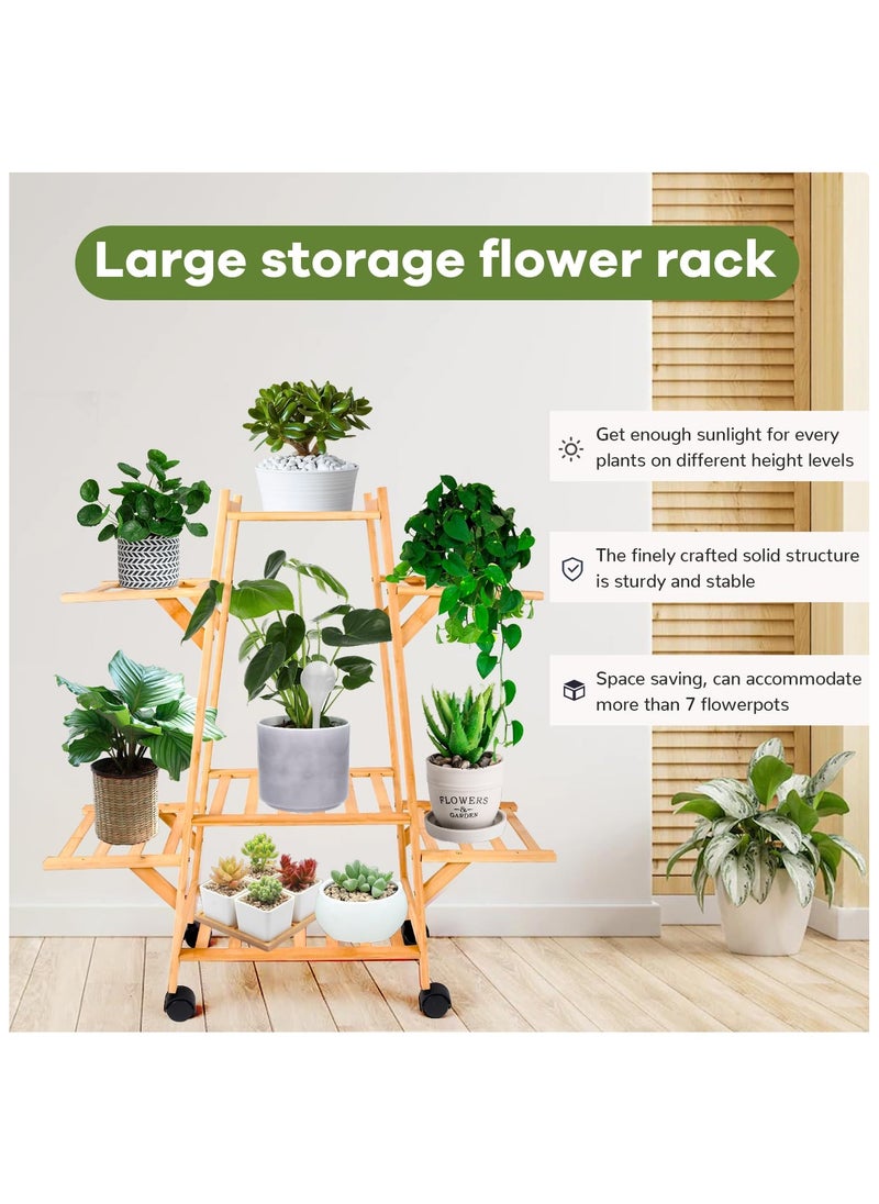 Bamboo Triangle Plant Stand with Wheels,Indoor and Outdoor Rolling Plant Shelf,Corner Plant Holder for Flower Pot Display Rack for Living Room, Balcony, Patio, Garden