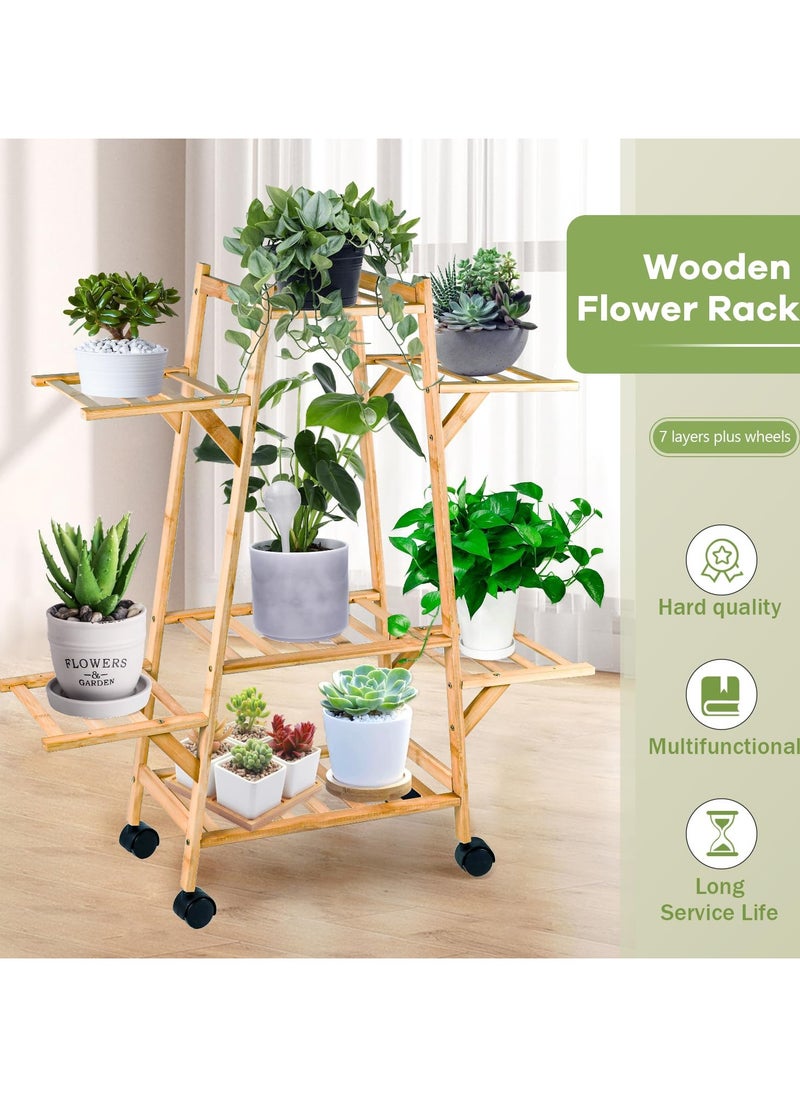 Bamboo Triangle Plant Stand with Wheels,Indoor and Outdoor Rolling Plant Shelf,Corner Plant Holder for Flower Pot Display Rack for Living Room, Balcony, Patio, Garden