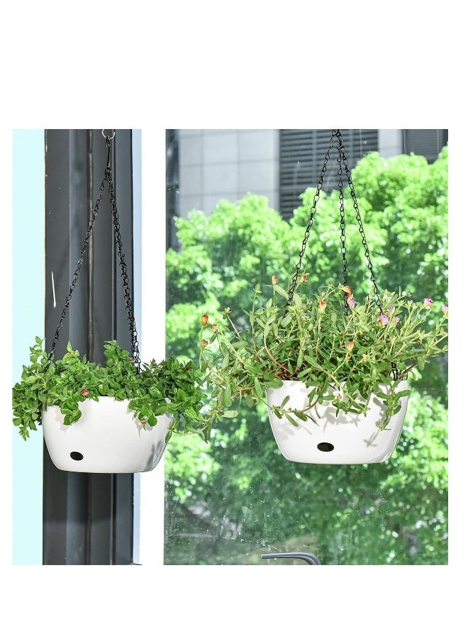 Hanging Flower Pot, 2 Pcs 20cm Round Plastic Hanging Basket Planter Pot, with Drainer and Chain, Hanging Planters for Boho Home Garden Decor (White)