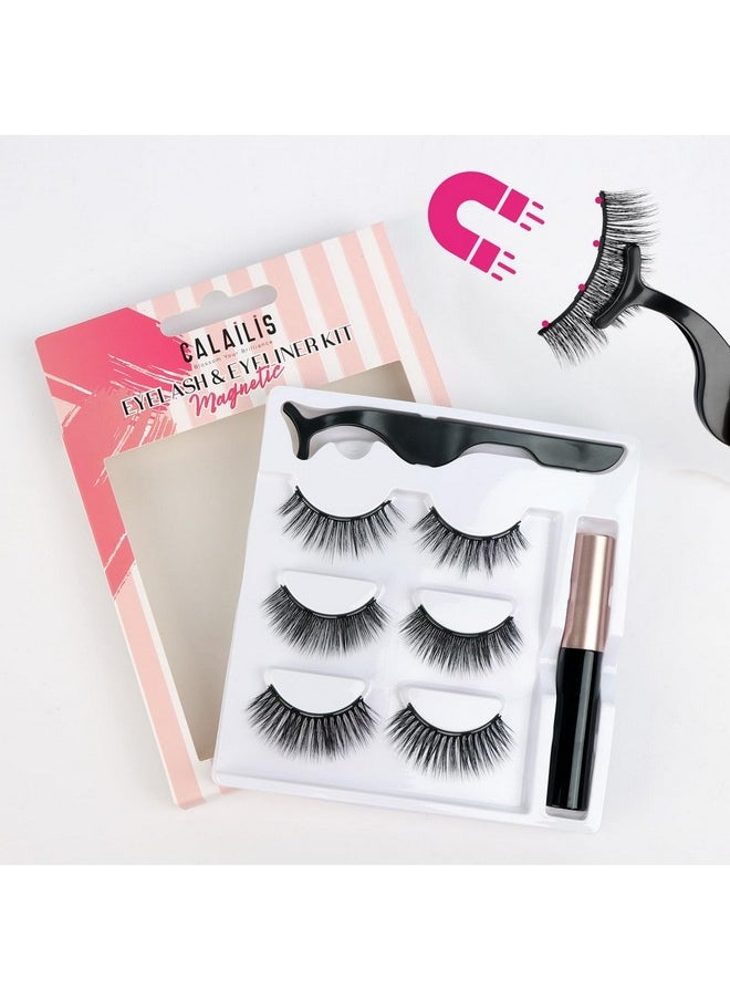 Magnetic Eyelashes For Women,Natural Reusable Magnet Eyelashes 3 Pairs Eyelashes Magnetic With Tweezers& Waterproof Eyeliner(Cy302)