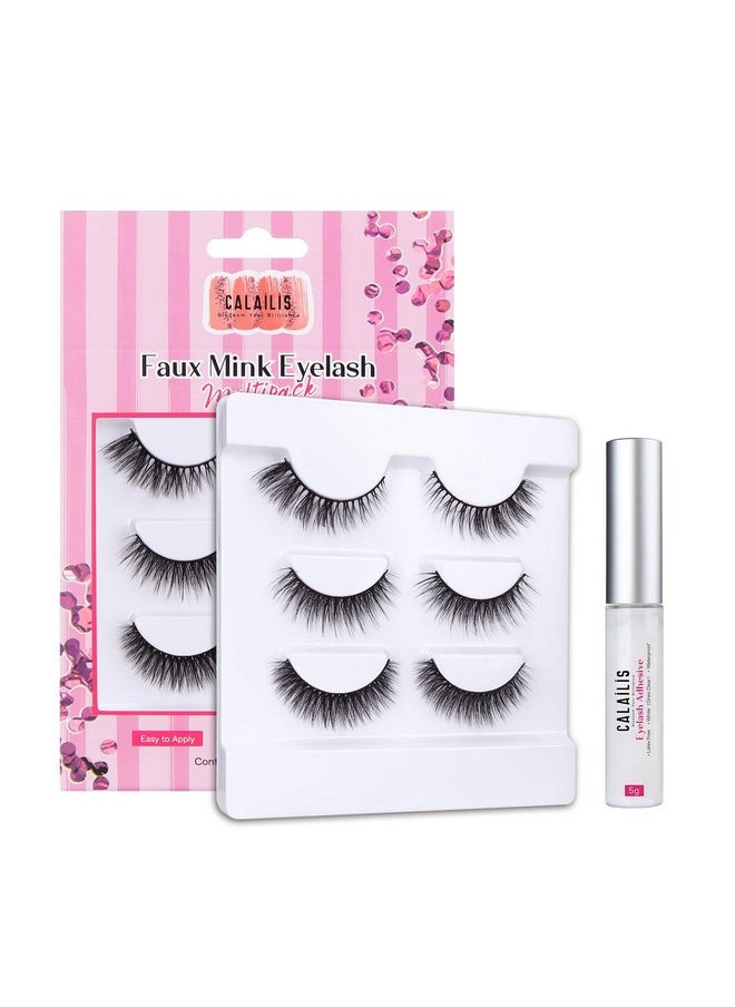 False Eyelash, Eye Makeup Lash 3D Faux Mink Fake Eyelash Long Natural Eyelashes 3 Pairs With 5G False Eyelash Glue (Cs14)