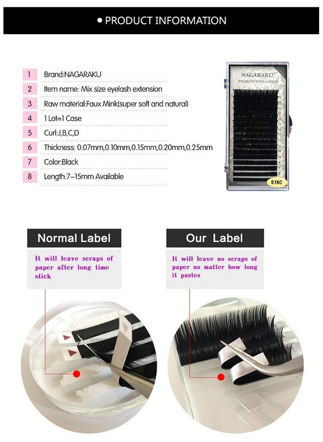 Eyelash Extensions Individual Faux Mink Classic 7-15Mm Mix Tray Matte Black Soft Natural 16 Rows (0.07 Thickness, C Curl)