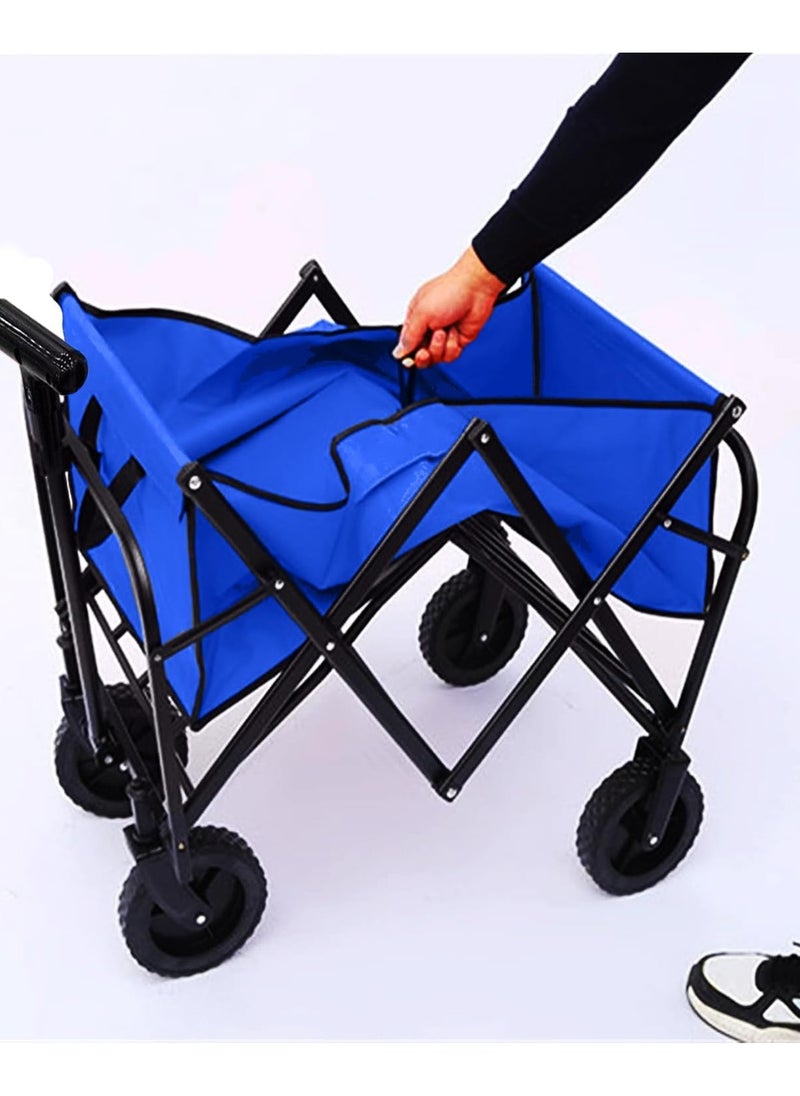 ADAK Collapsible Folding Wagon- Heavy Duty Utility Cart with 360° Rotating 4'' Wheels,150KG Load Capacity, Foldable Design for Camping, Beach, Garden, and Shopping- Durable Alloy, PVC,and Iron (Blue)