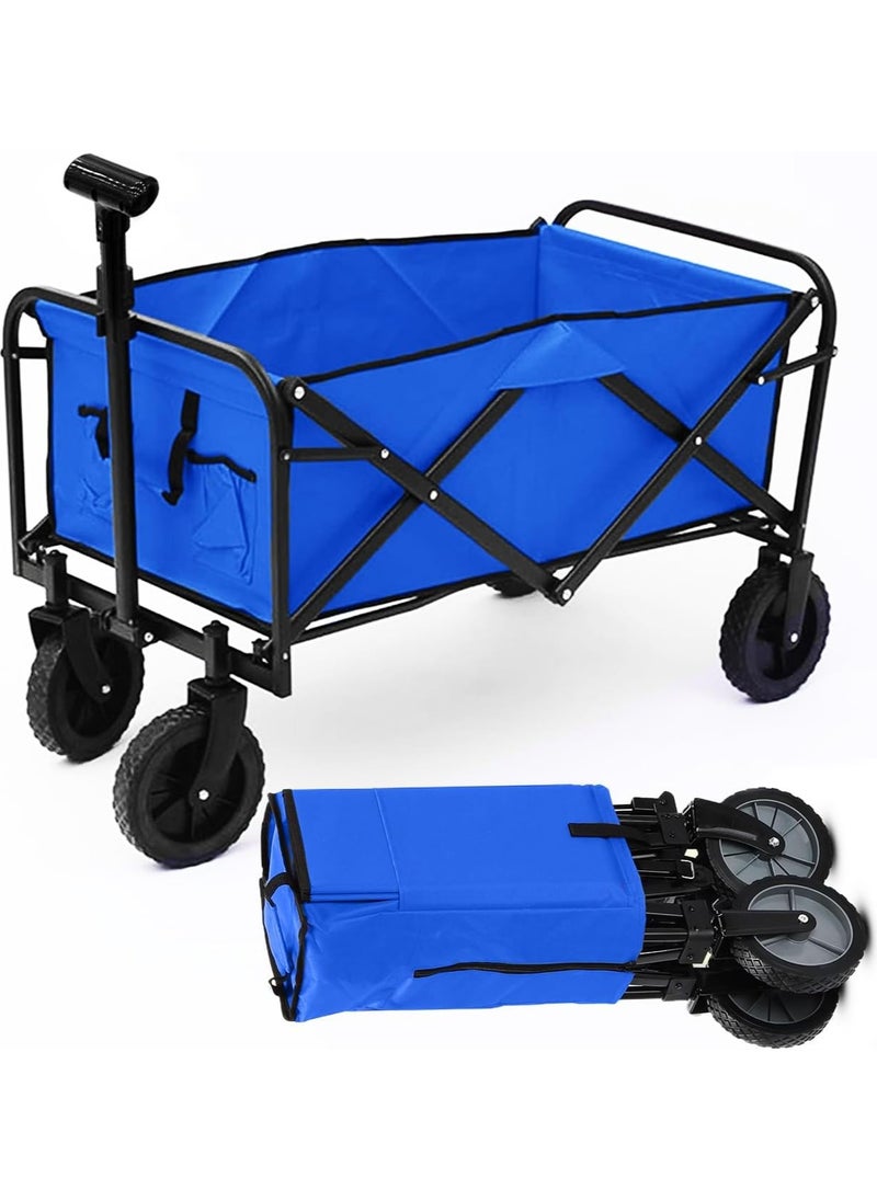 ADAK Collapsible Folding Wagon- Heavy Duty Utility Cart with 360° Rotating 4'' Wheels,150KG Load Capacity, Foldable Design for Camping, Beach, Garden, and Shopping- Durable Alloy, PVC,and Iron (Blue)