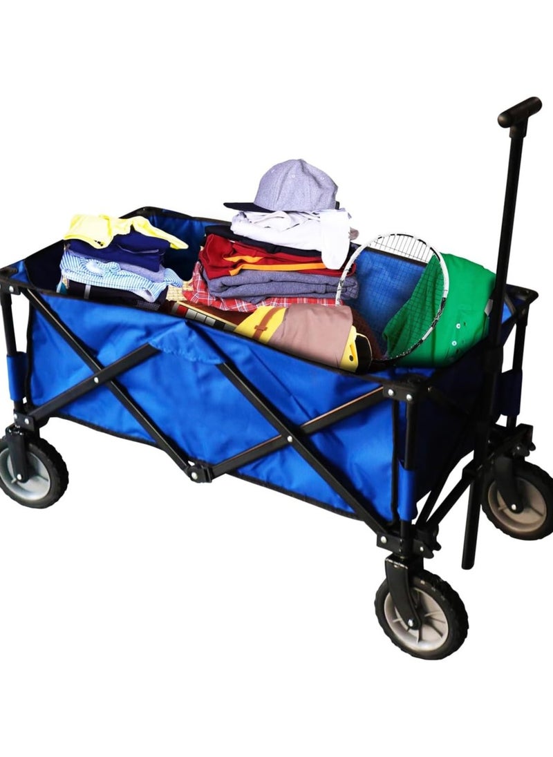 ADAK Collapsible Folding Wagon- Heavy Duty Utility Cart with 360° Rotating 4'' Wheels,150KG Load Capacity, Foldable Design for Camping, Beach, Garden, and Shopping- Durable Alloy, PVC,and Iron (Blue)