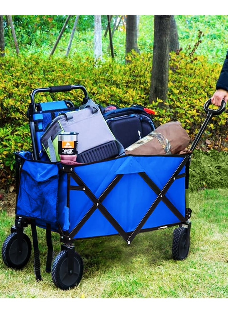 ADAK Collapsible Folding Wagon- Heavy Duty Utility Cart with 360° Rotating 4'' Wheels,150KG Load Capacity, Foldable Design for Camping, Beach, Garden, and Shopping- Durable Alloy, PVC,and Iron (Blue)