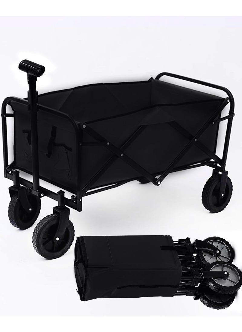 ADAK Collapsible Folding Wagon- Heavy Duty Utility Cart with 360° Rotating 4'' Wheels,150KG Load Capacity, Foldable Design for Camping, Beach, Garden,and Shopping- Durable Alloy, PVC,and Iron. (Black)