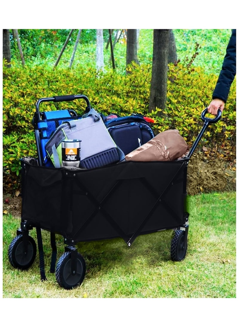 ADAK Collapsible Folding Wagon- Heavy Duty Utility Cart with 360° Rotating 4'' Wheels,150KG Load Capacity, Foldable Design for Camping, Beach, Garden,and Shopping- Durable Alloy, PVC,and Iron. (Black)