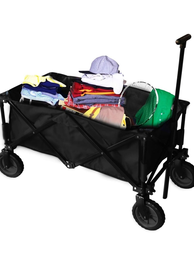 ADAK Collapsible Folding Wagon- Heavy Duty Utility Cart with 360° Rotating 4'' Wheels,150KG Load Capacity, Foldable Design for Camping, Beach, Garden,and Shopping- Durable Alloy, PVC,and Iron. (Black)