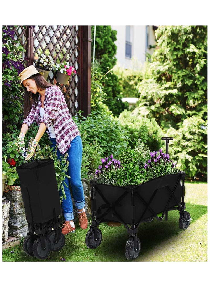 ADAK Collapsible Folding Wagon- Heavy Duty Utility Cart with 360° Rotating 4'' Wheels,150KG Load Capacity, Foldable Design for Camping, Beach, Garden,and Shopping- Durable Alloy, PVC,and Iron. (Black)