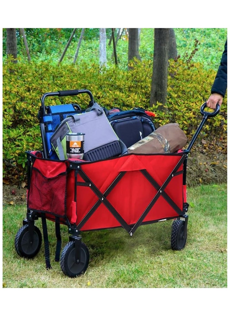 ADAK Collapsible Folding Wagon- Heavy Duty Utility Cart with 360° Rotating 4'' Wheels,150KG Load Capacity, Foldable Design for Camping, Beach, Garden, and Shopping- Durable Alloy, PVC,and Iron (Red)