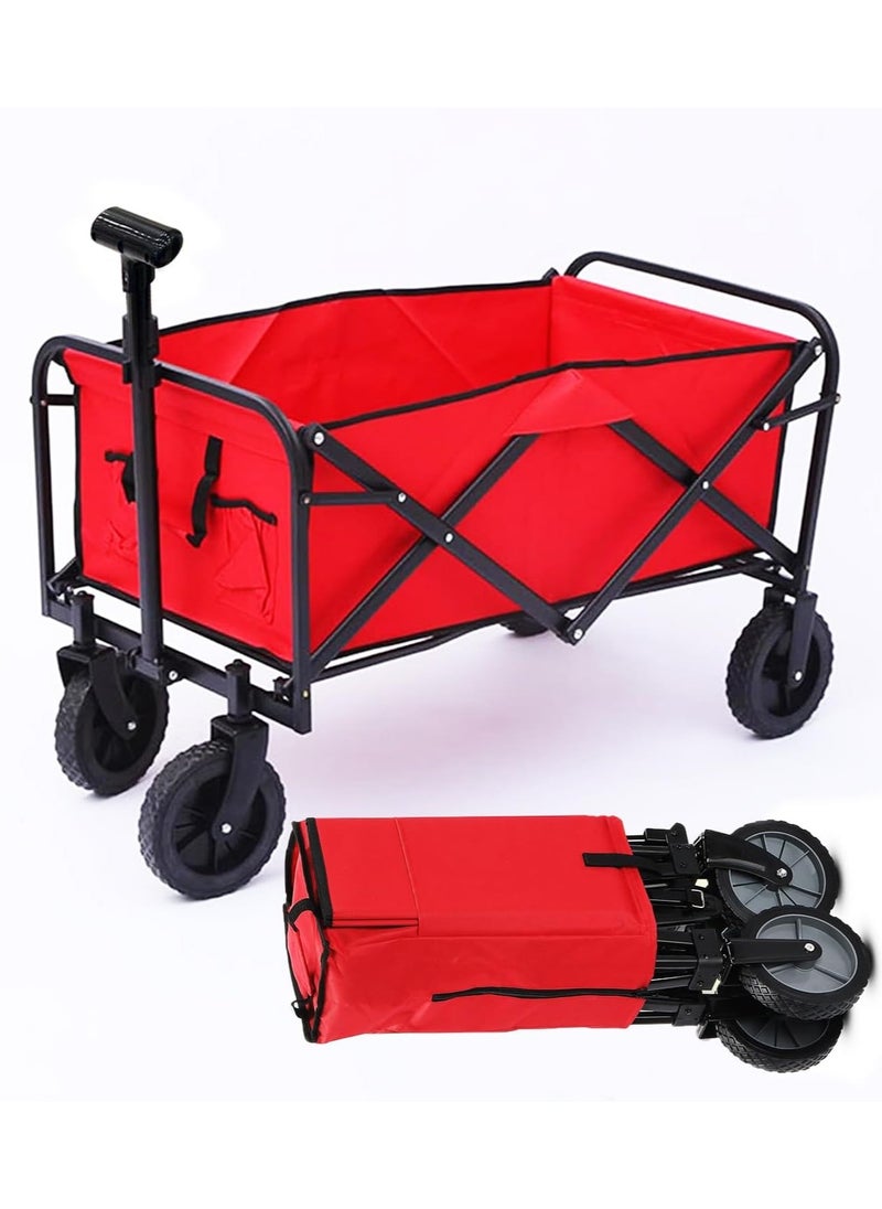 ADAK Collapsible Folding Wagon- Heavy Duty Utility Cart with 360° Rotating 4'' Wheels,150KG Load Capacity, Foldable Design for Camping, Beach, Garden, and Shopping- Durable Alloy, PVC,and Iron (Red)