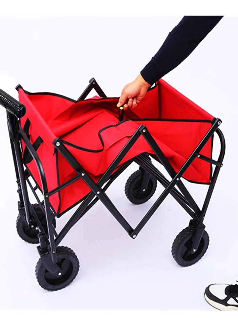 ADAK Collapsible Folding Wagon- Heavy Duty Utility Cart with 360° Rotating 4'' Wheels,150KG Load Capacity, Foldable Design for Camping, Beach, Garden, and Shopping- Durable Alloy, PVC,and Iron (Red)